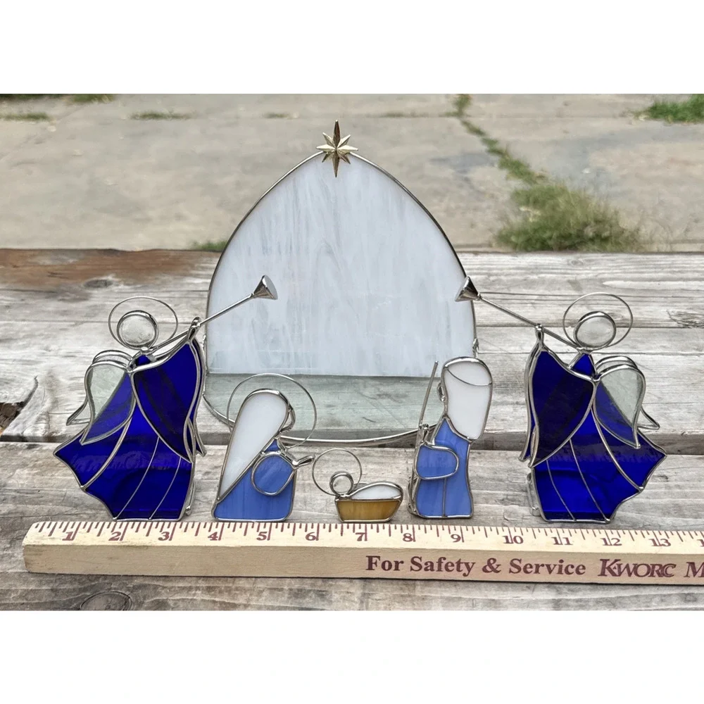 Vintage Stained Glass Nativity Scene Jesus Joseph and Mary Figurines